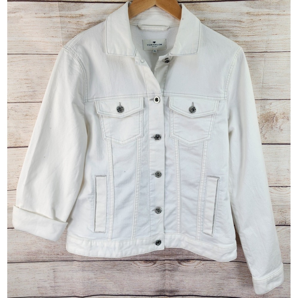 Tom Tailor White Denim Jacket Women's XL Stretch Europe Button Front Pockets